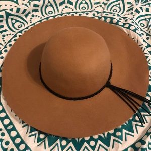 100 percent wool tan boho hat with black suede